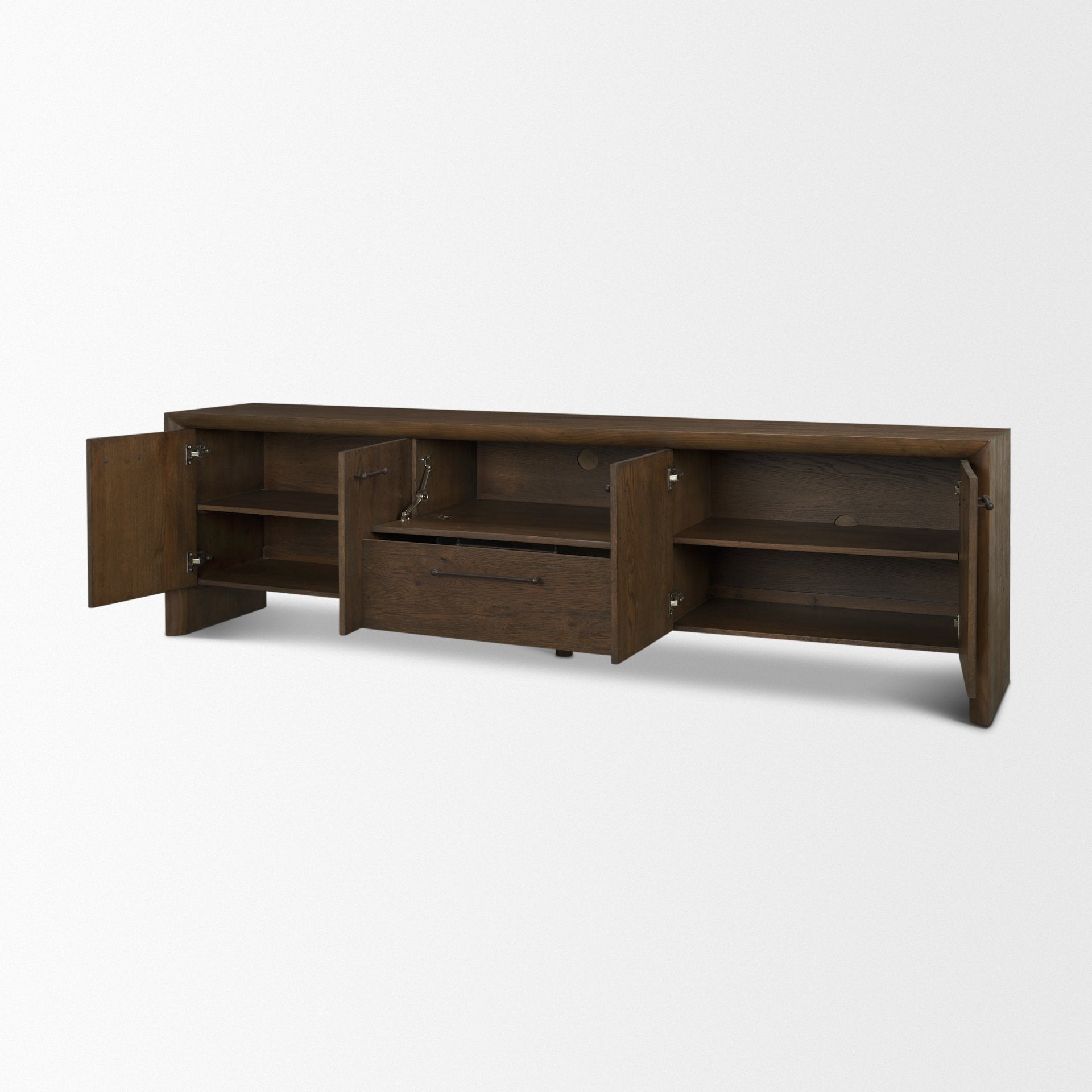 Wooden entertainment console with open doors 