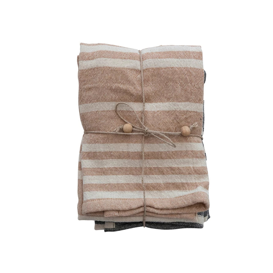 Cotton Double Cloth Striped Tea Towels w/ Jute & Wood Bead Tie- Set of 2-thumbmail-1
