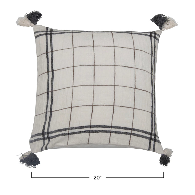 20" Linen Blend Pillow with Grid Pattern & Tassels