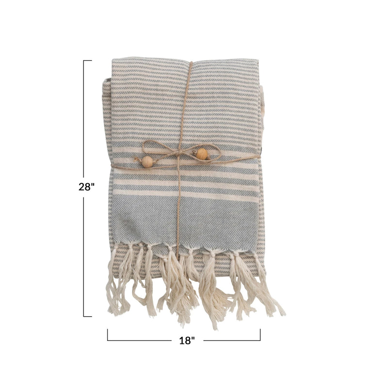 Woven Cotton Tea Towels w/ Stripes, Jute & Wood Bead Tie, 3 Styles, Set of 3
