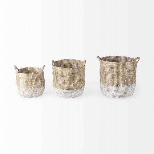 Maddie Light Brown W/(White/Black) Dipped Seagrass Round Basket W/ Handles