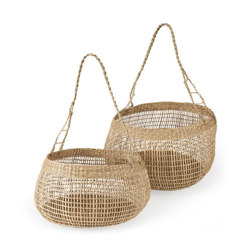 Nova Light Brown Seagrass Woven Round Basket W/ Long Handle