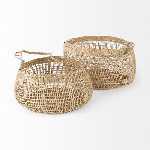 Nova Light Brown Seagrass Woven Round Basket W/ Long Handle