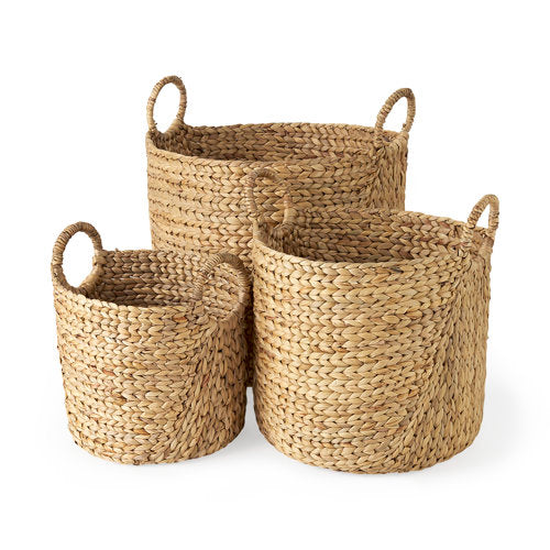 Sivan Light Brown Water Hyacinth Round Basket W/ Handles