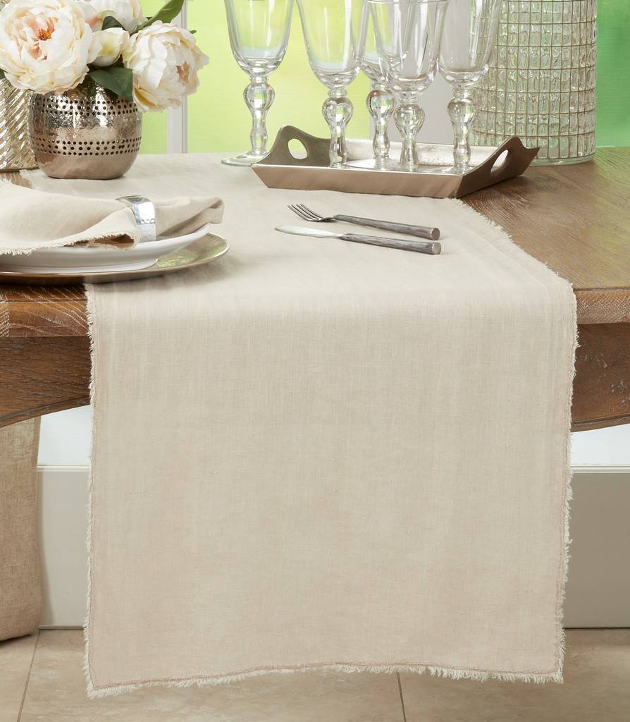 Fringed Design Stone Washed Linen Runner - Natural