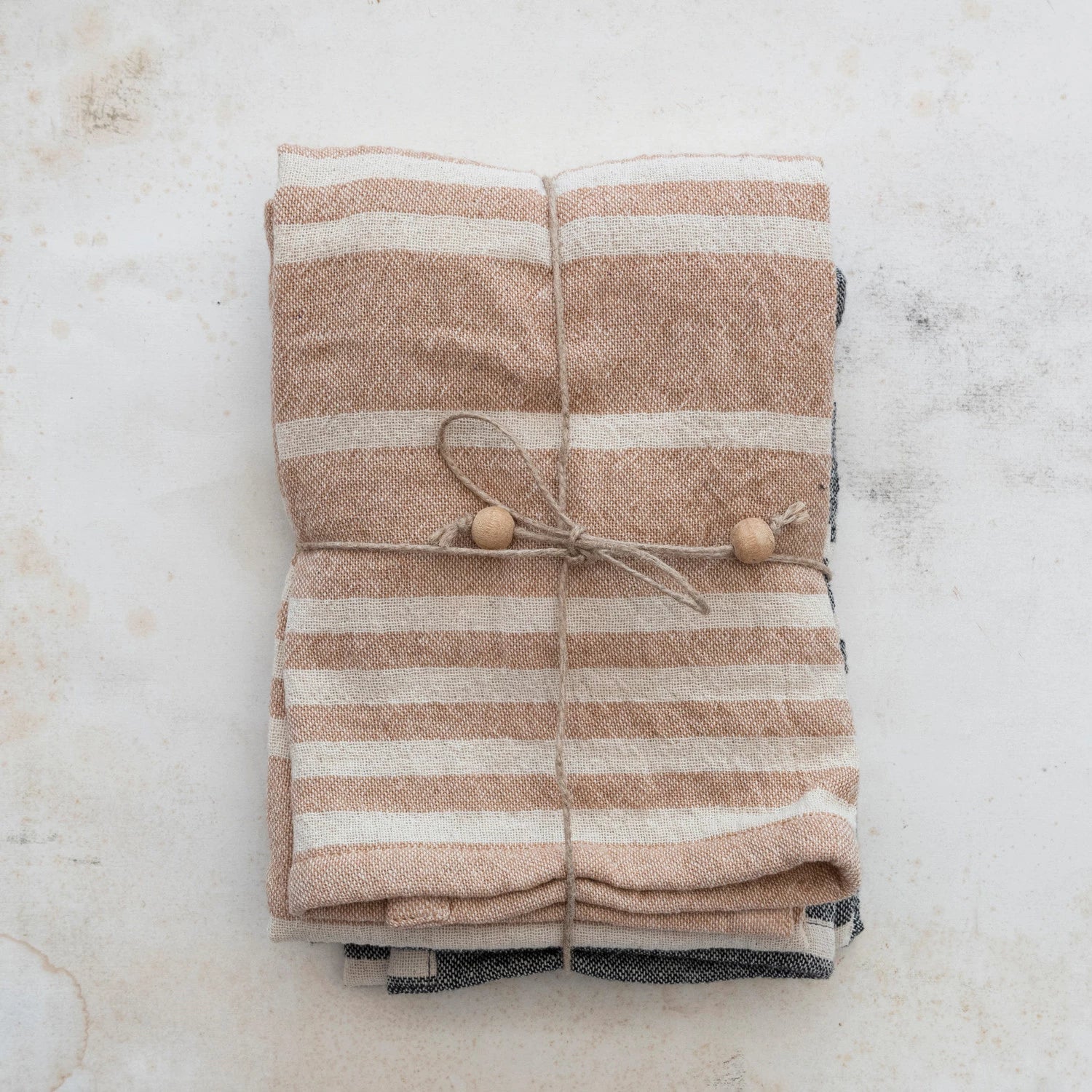 Cotton Double Cloth Striped Tea Towels w/ Jute & Wood Bead Tie- Set of 2
