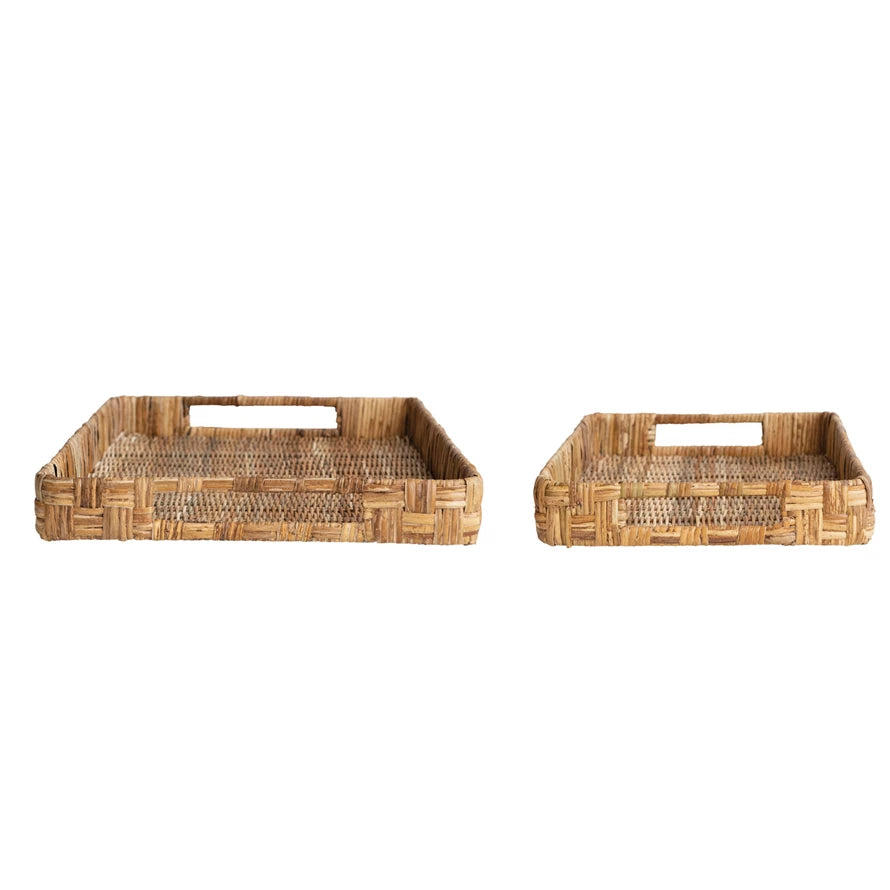 Decorative Hand-Woven Rattan Trays w/ Handles, Natural, Set of 2-thumbmail-1