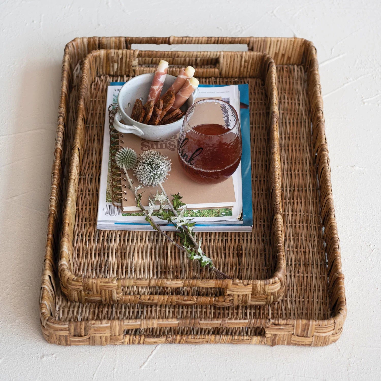 Decorative Hand-Woven Rattan Trays w/ Handles, Natural-thumbmail-3