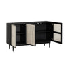 Front view with cabinet doors open revealing a spacious matte black interior with a full-length fixed storage shelf