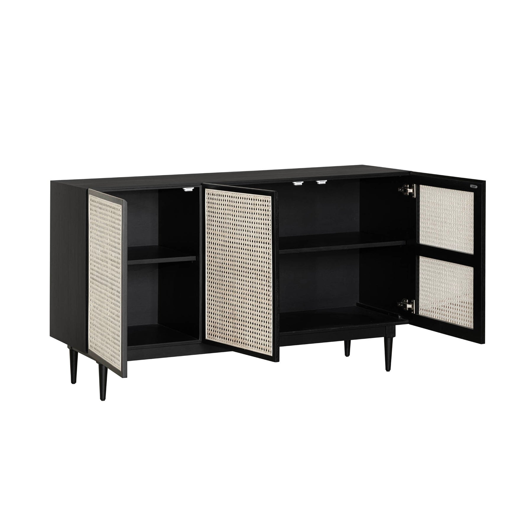 Straight-on front view of the Cane sideboard featuring a matte black wood frame and three natural woven rattan door panels