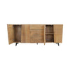 Front view with all three cabinet doors open showcasing the full internal storage capacity and wooden shelving