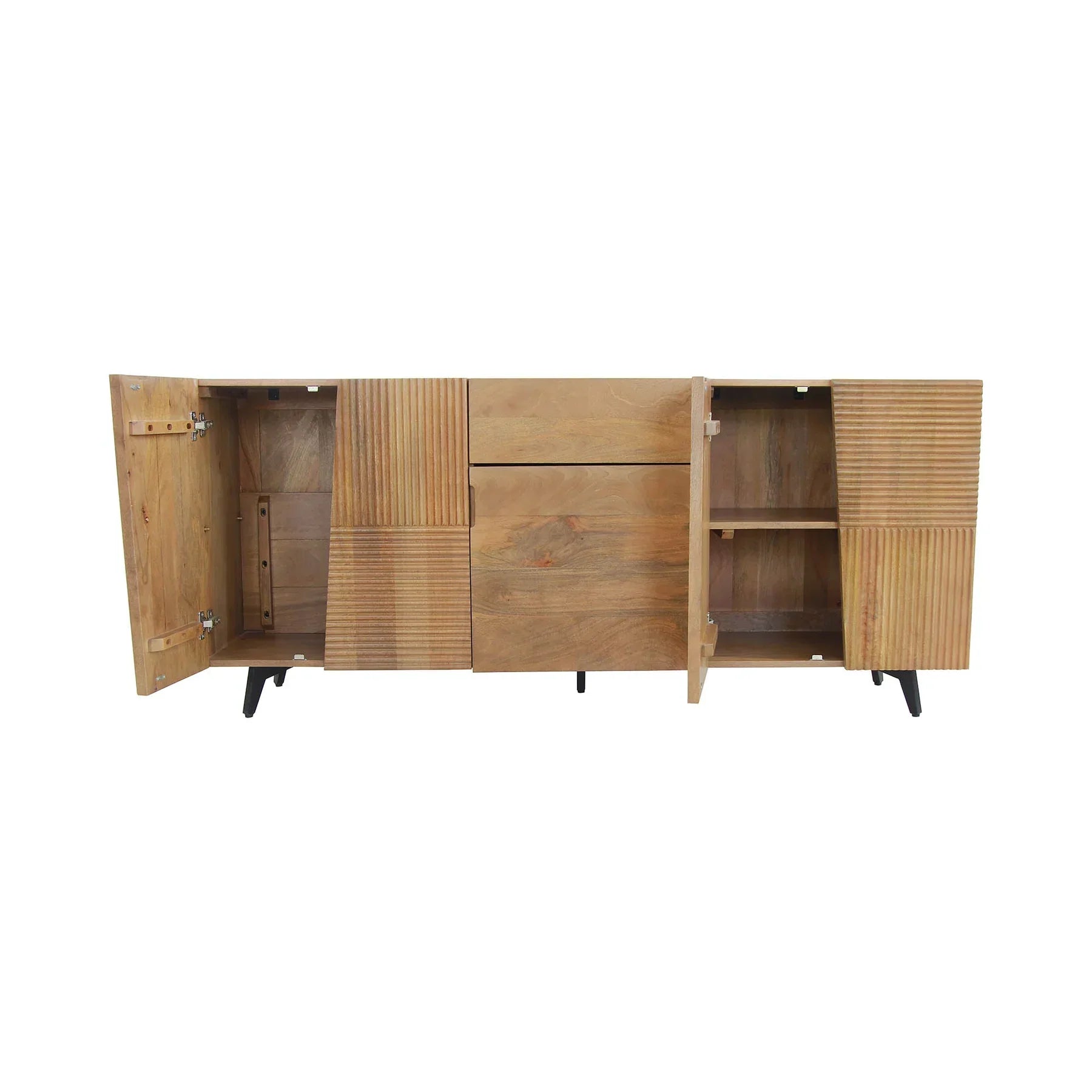Front view of the Peyton sideboard featuring natural mango wood construction with unique geometric carved door panels and black metal legs