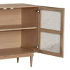 Close-up perspective view with one door open highlighting the high-quality wood shelving and metal hinges