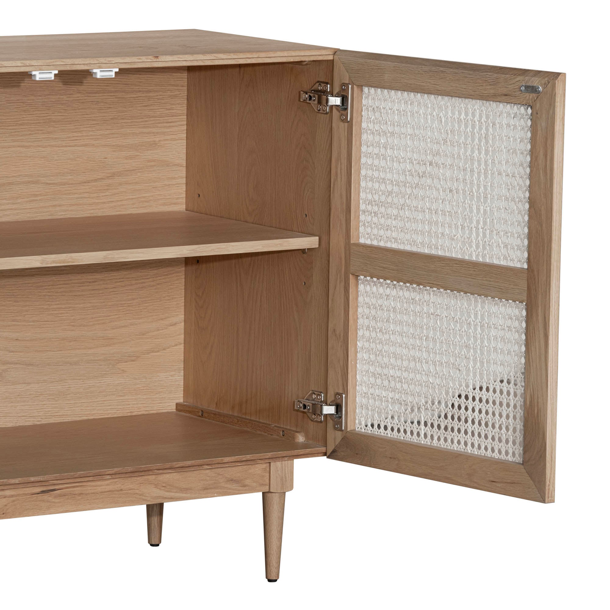 Straight-on front view of the Cane sideboard featuring a light natural oak frame and three woven rattan door panels