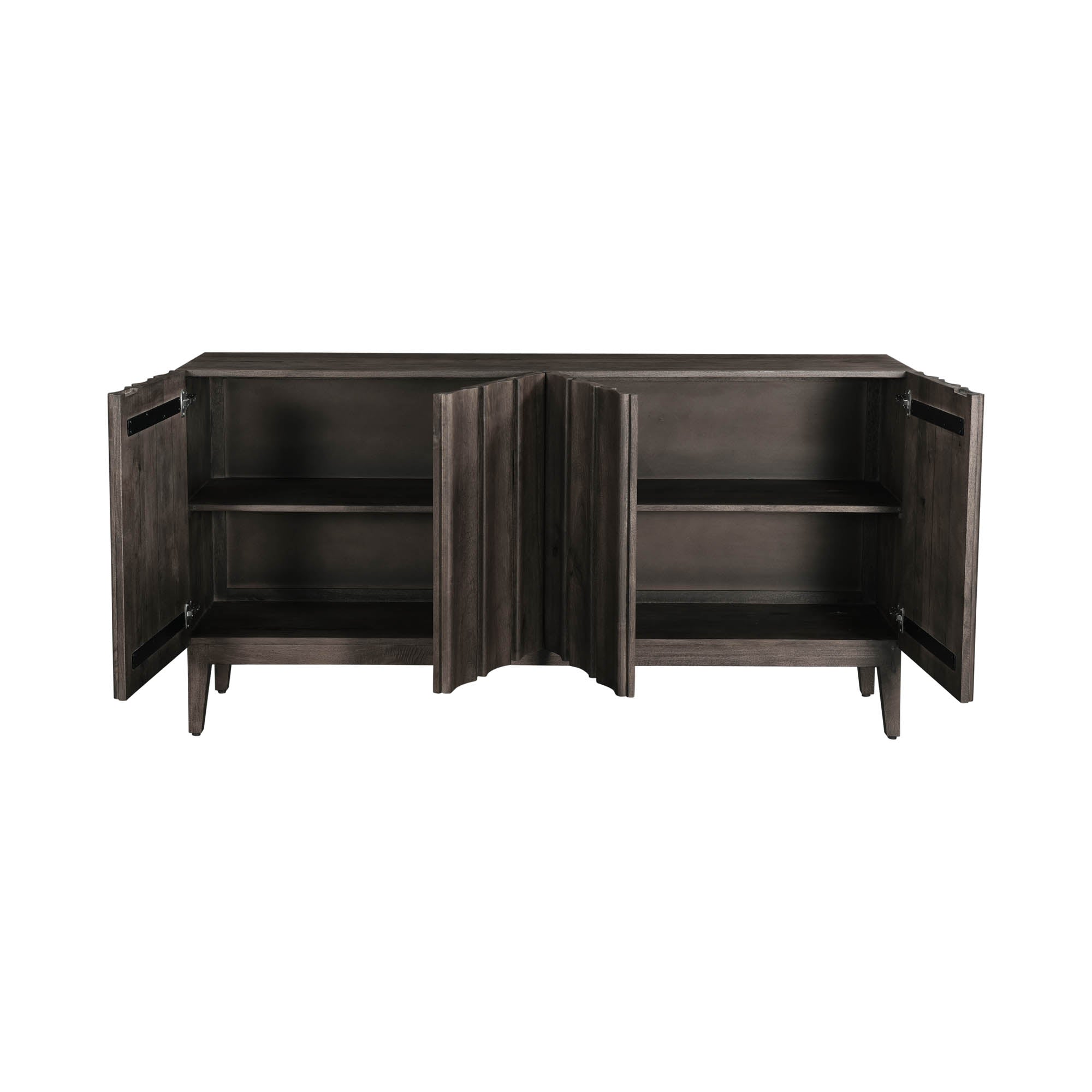 Straight-on front view highlighting the symmetrical vertical fluting and the seamless hardware-free aesthetic of the dark wood cabinet