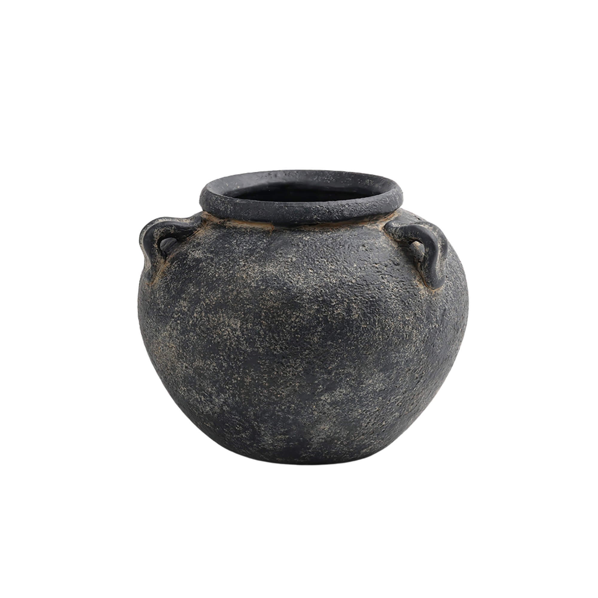Black Low Round Terracotta Vase With Handles-thumbmail-1