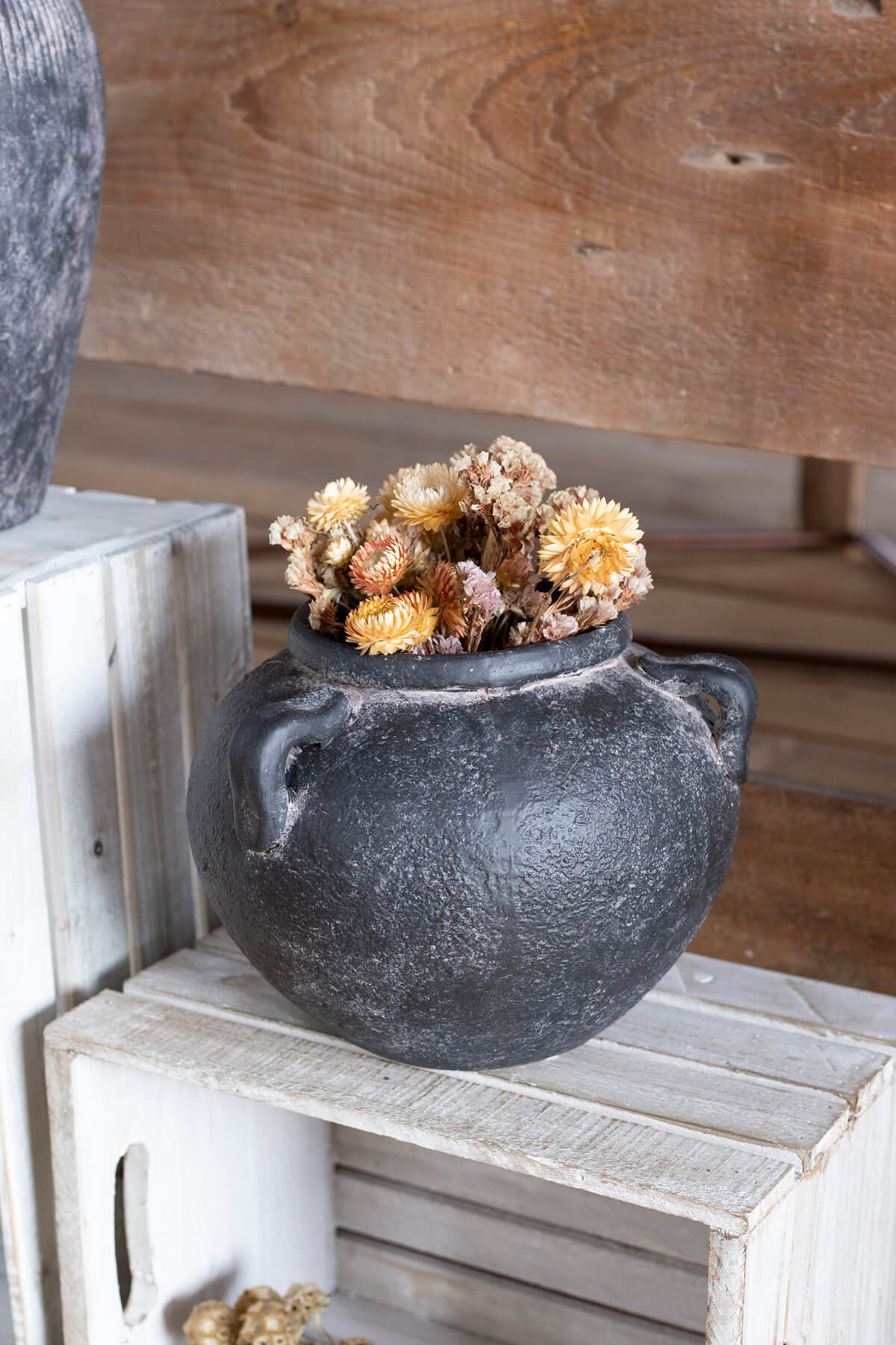 Black Low Round Terracotta Vase With Handles-thumbmail-2