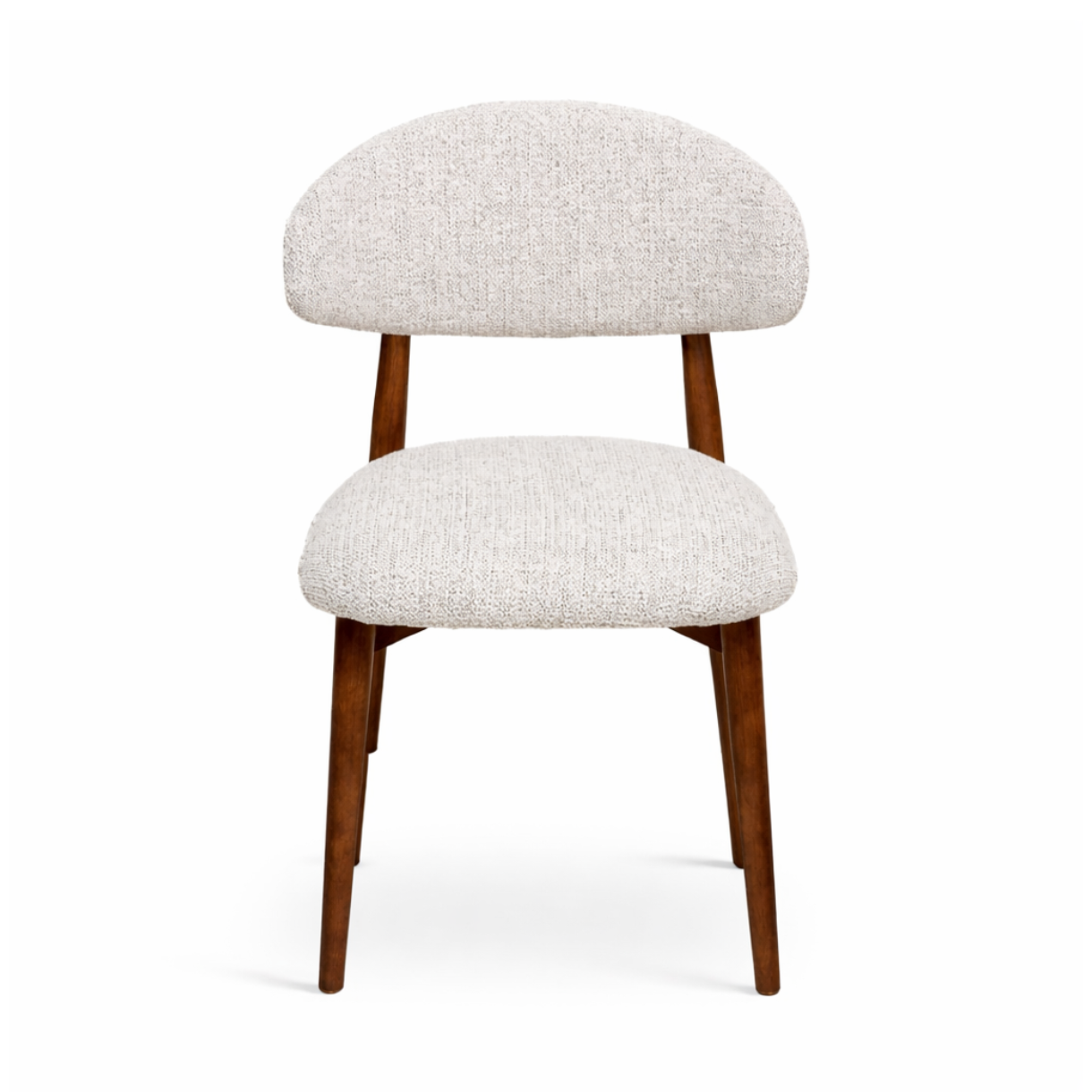 Cammy dining chair with beige textured fabric upholstery and walnut wood legs, front view on white background