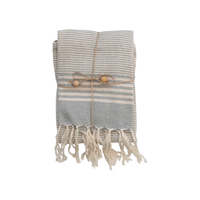 Woven Cotton Tea Towels w/ Stripes, Jute & Wood Bead Tie, 3 Styles, Set of 3
