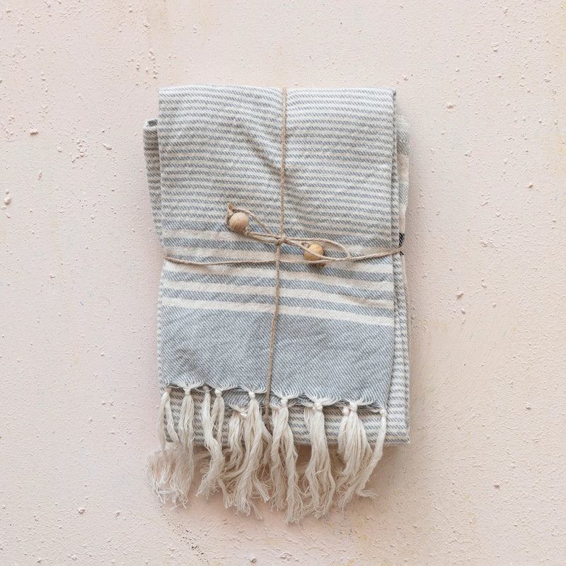 Woven Cotton Tea Towels w/ Stripes, Jute & Wood Bead Tie, 3 Styles, Set of 3