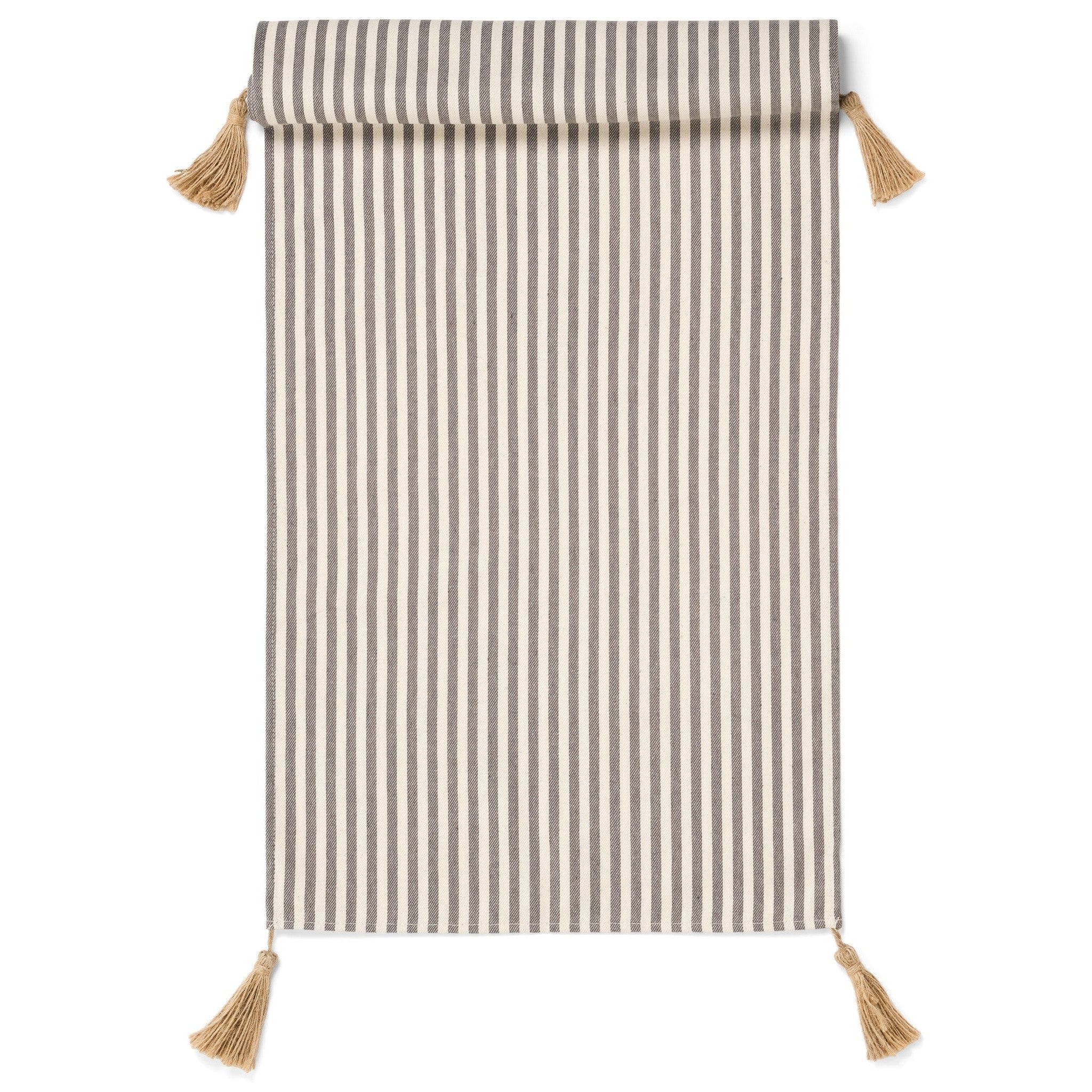 Table Runner Cott Strip Jute Tassls Dark Grey-of White