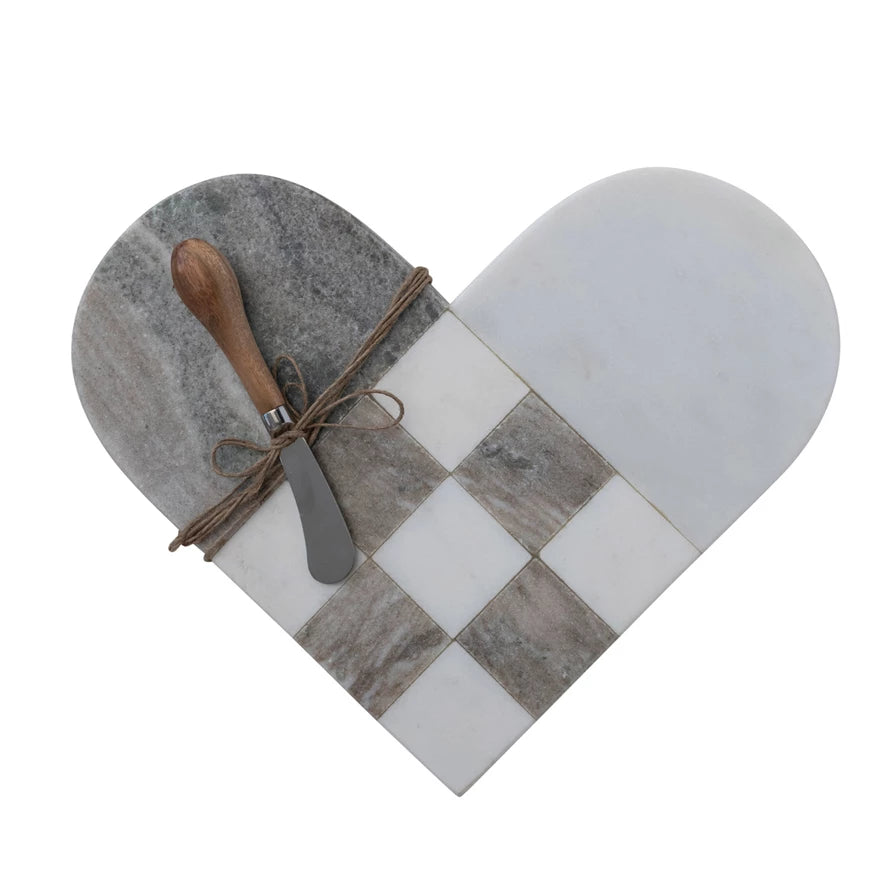 Two-Tone Marble Heart Shaped Cheese/Cutting Board w/ Canape Knife - Grey & White