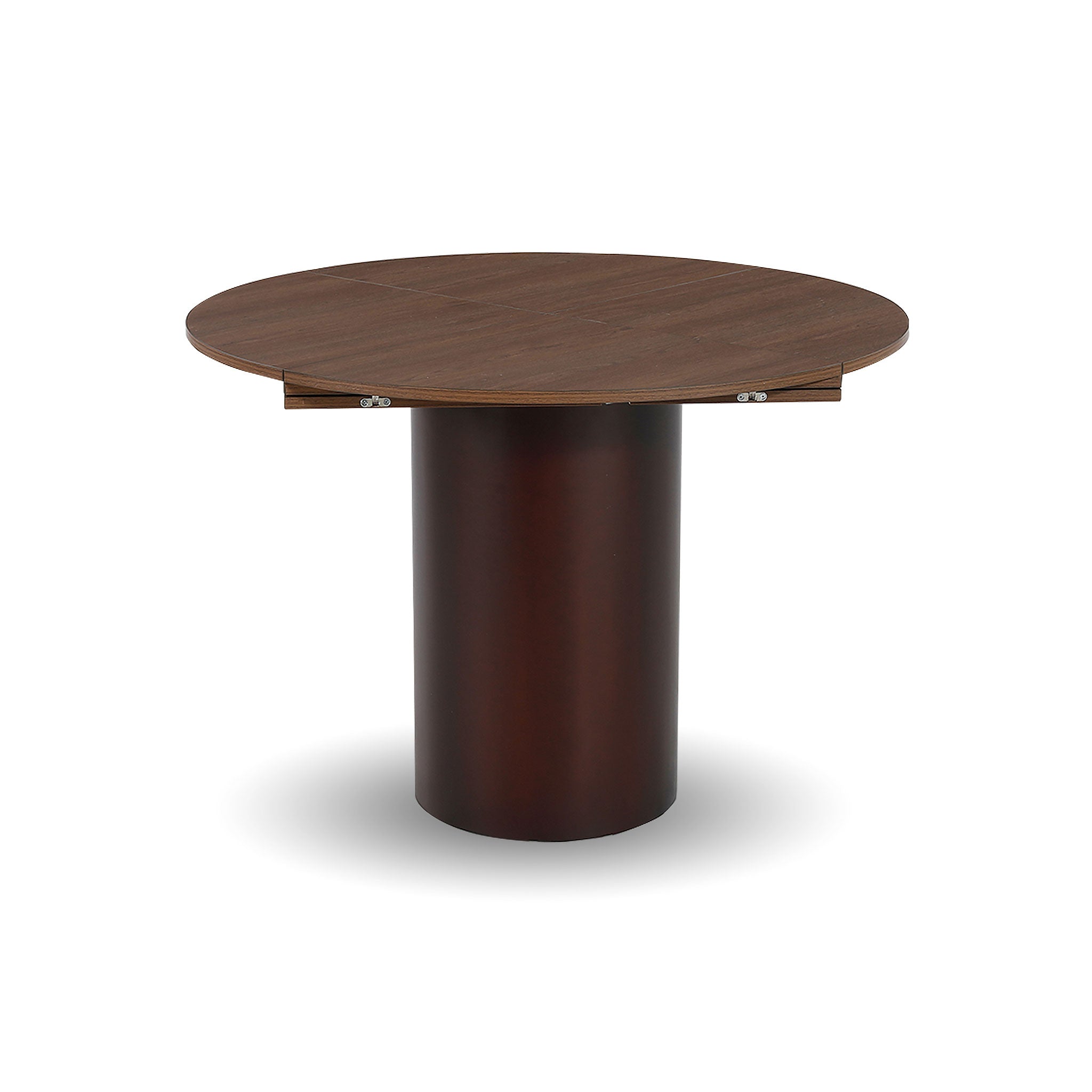 Front view of the Alter round dining table in a sleek black finish featuring a sturdy cylindrical pedestal base