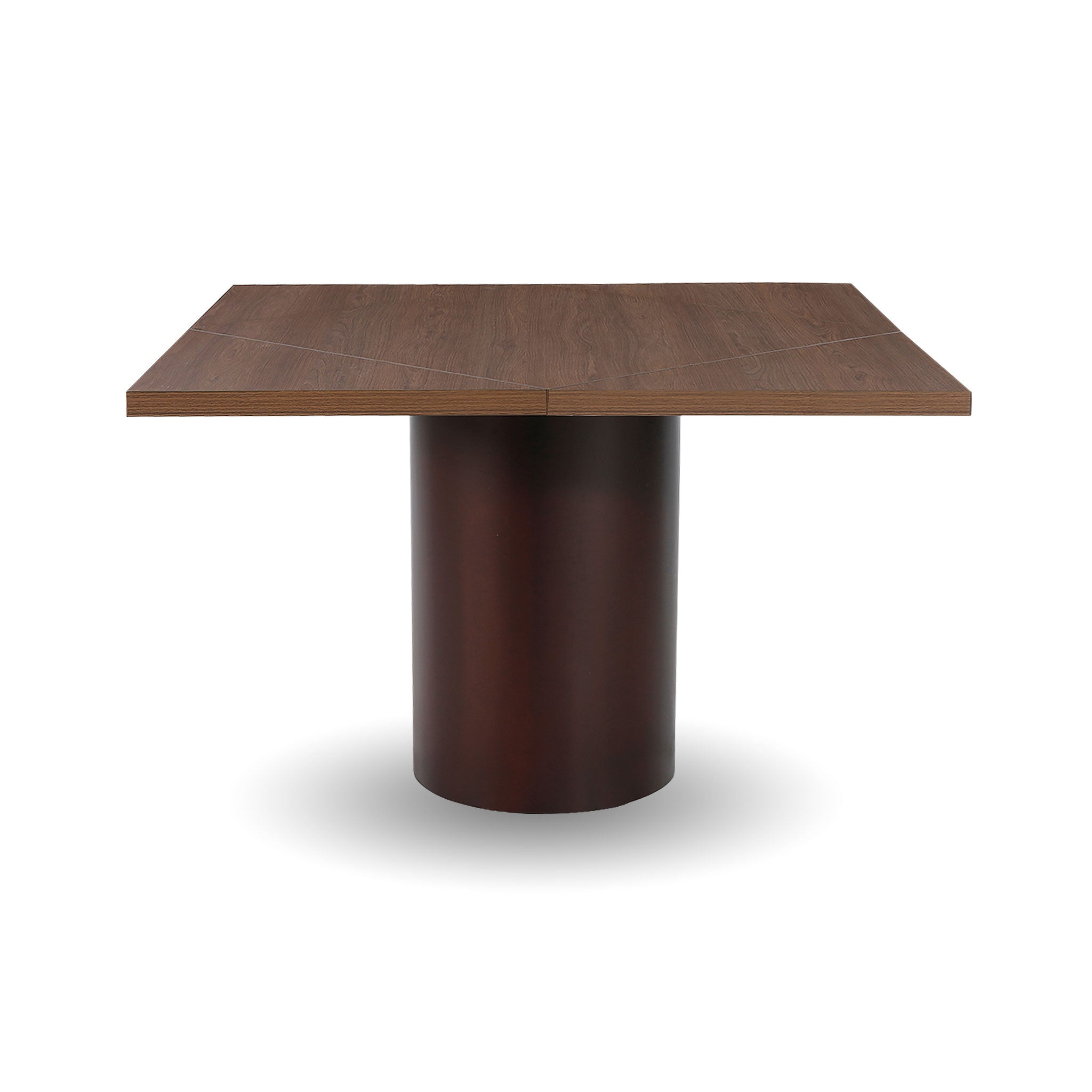 Front view of the Alter round dining table in a sleek black finish featuring a sturdy cylindrical pedestal base