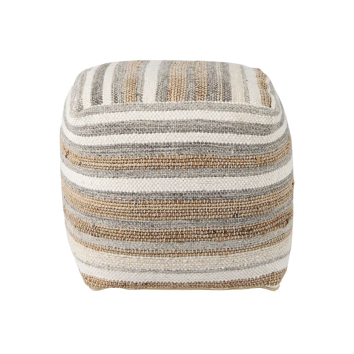 Elevated angled view showcasing the uniform striped pattern across the top and sides of the woven ottoman