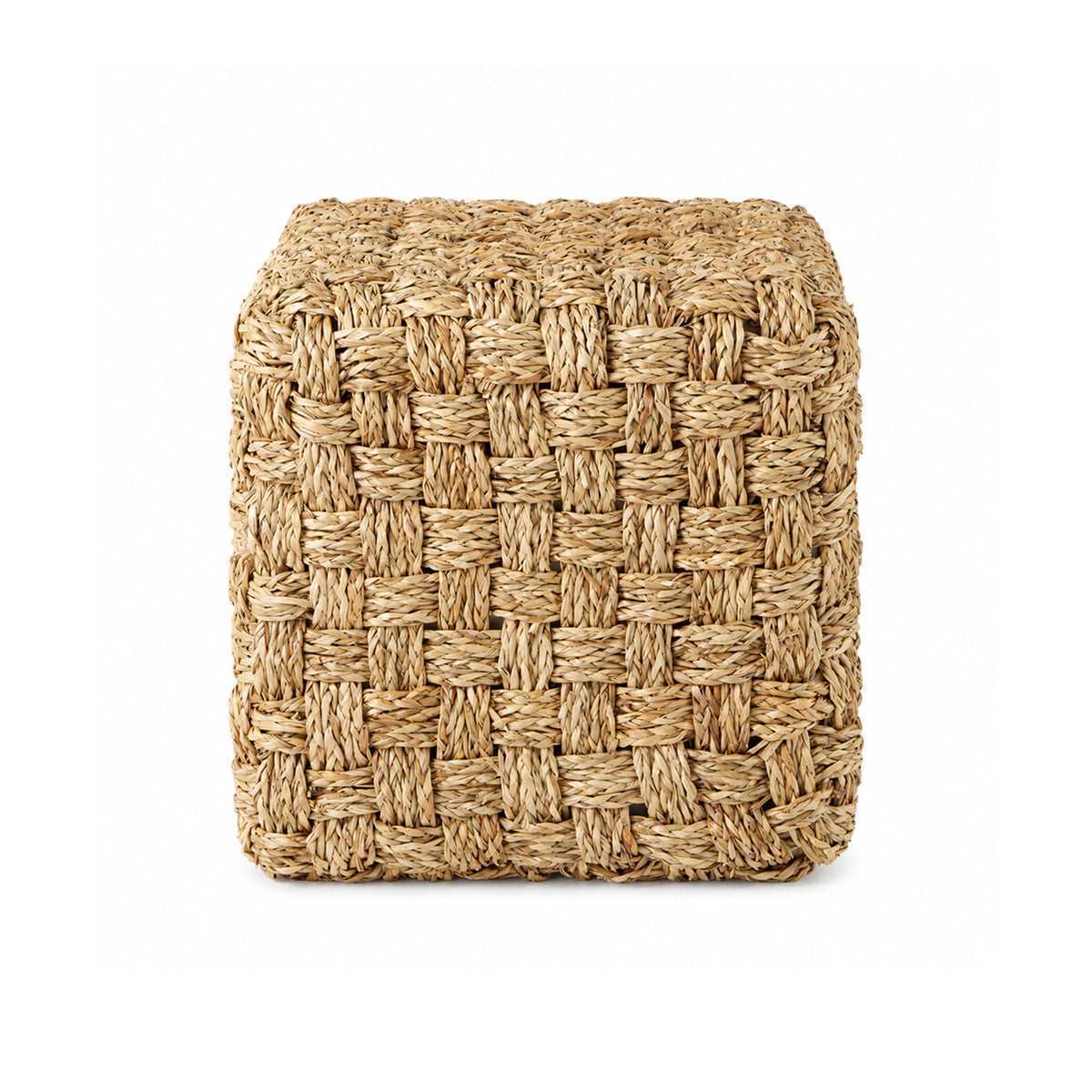 High-angled perspective showcasing the uniform square silhouette and handcrafted texture of the seagrass pouf
