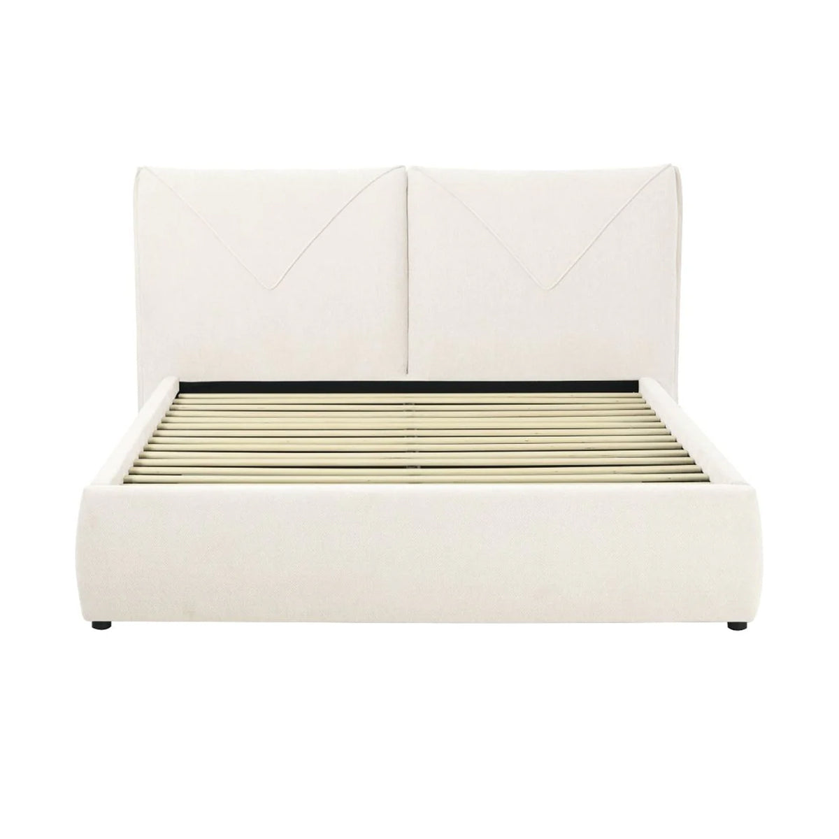 Front view of the Aici storage bed featuring a cream fabric finish and a unique V-shaped geometric stitched headboard