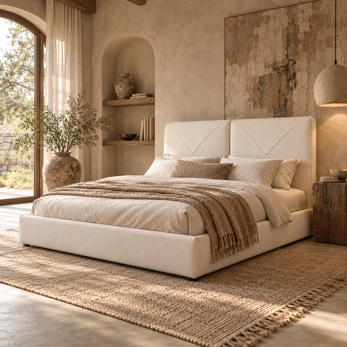Front view of the Aici storage bed featuring a cream fabric finish and a unique V-shaped geometric stitched headboard