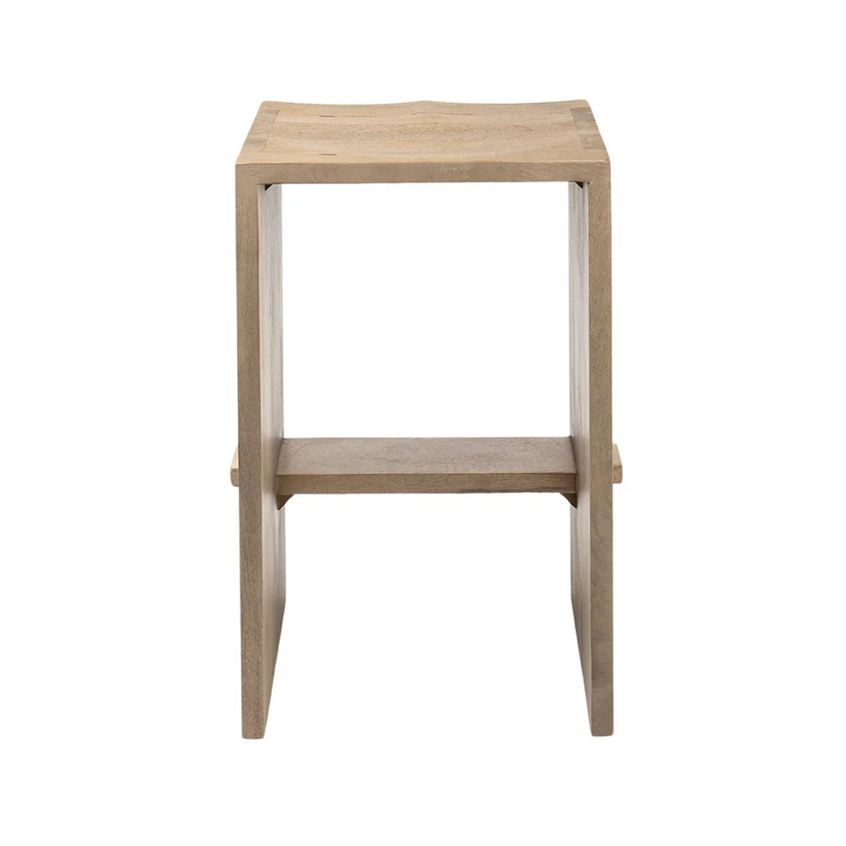 A minimalist wooden counter stool with a light natural oak finish, featuring a square top, open side supports, and a lower shelf, shown against a plain white background.
