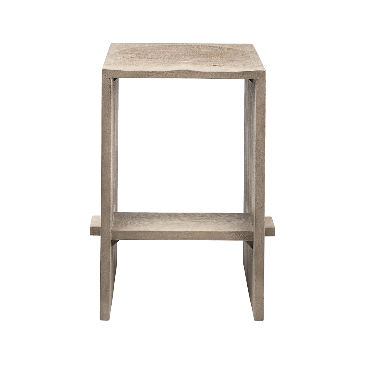 A minimalist wooden counter stool with a light gray-brown finish, featuring a square top, open side support, and a lower shelf, shown against a plain white background.