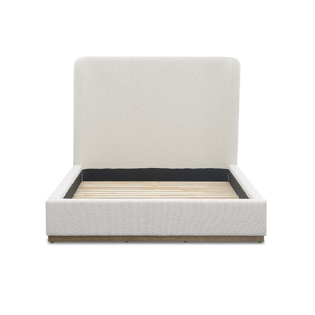Front view of the Aino queen platform bed featuring a tall curved wingback headboard and off-white bouclé upholstery