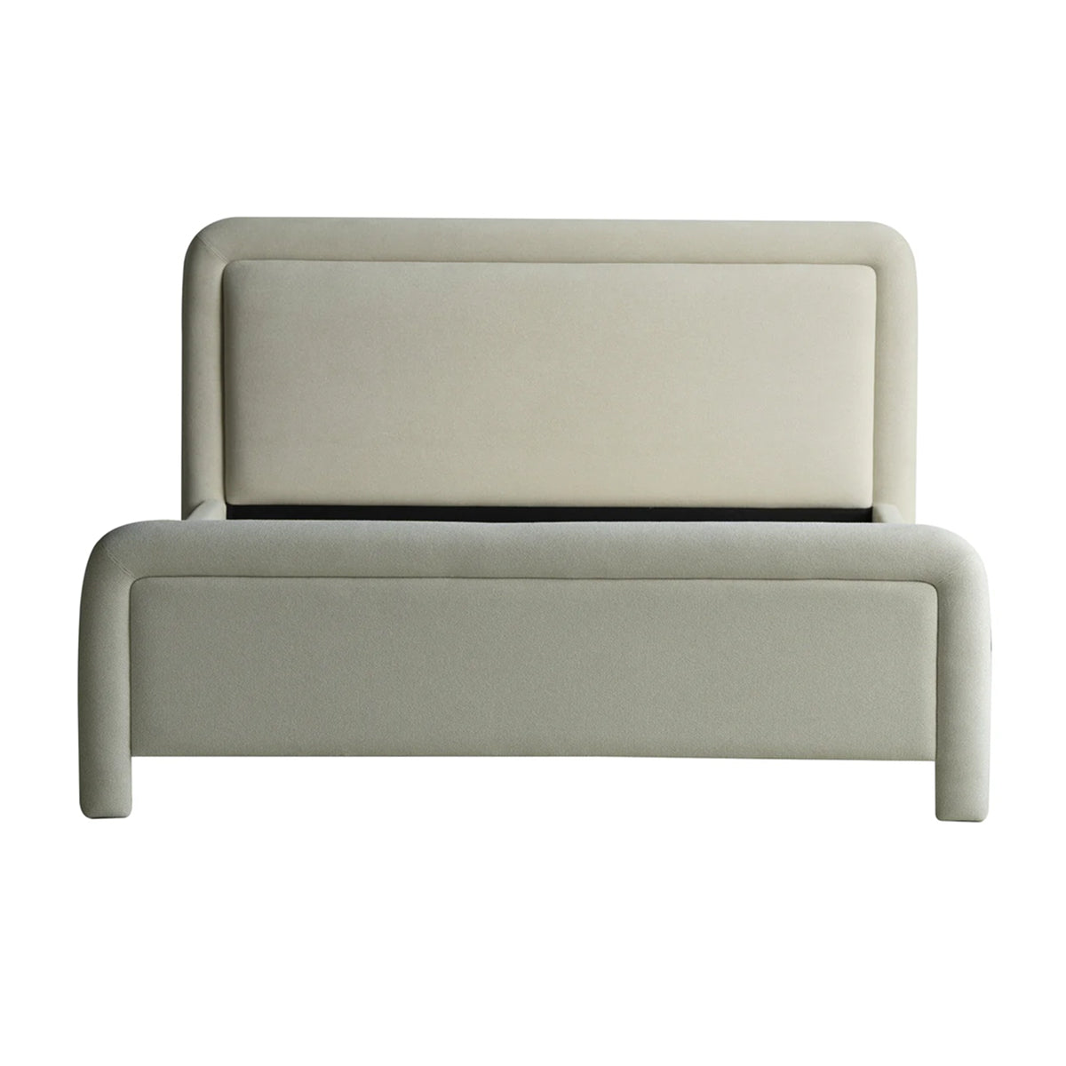 Front view of the Alba queen bed featuring a soft neutral fabric and a distinctive rounded rectangular headboard and footboard design