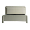 Front view of the Alba queen bed featuring a soft neutral fabric and a distinctive rounded rectangular headboard and footboard design