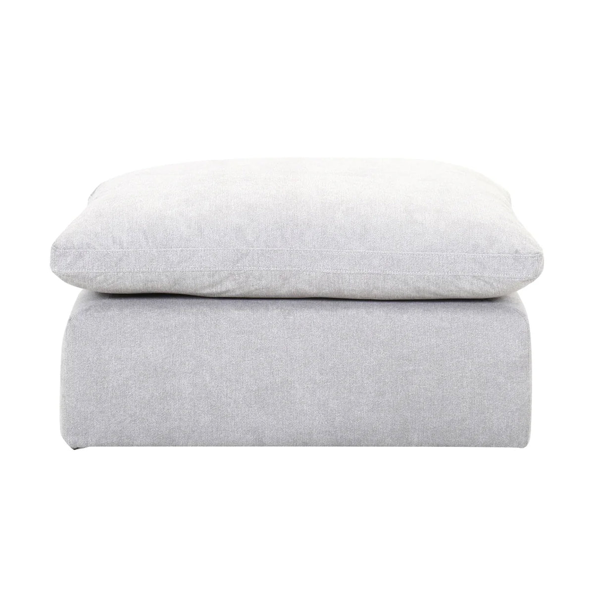 Front view of the Alex modular ottoman featuring a plush light gray fabric and a comfortable overstuffed pillow-top design