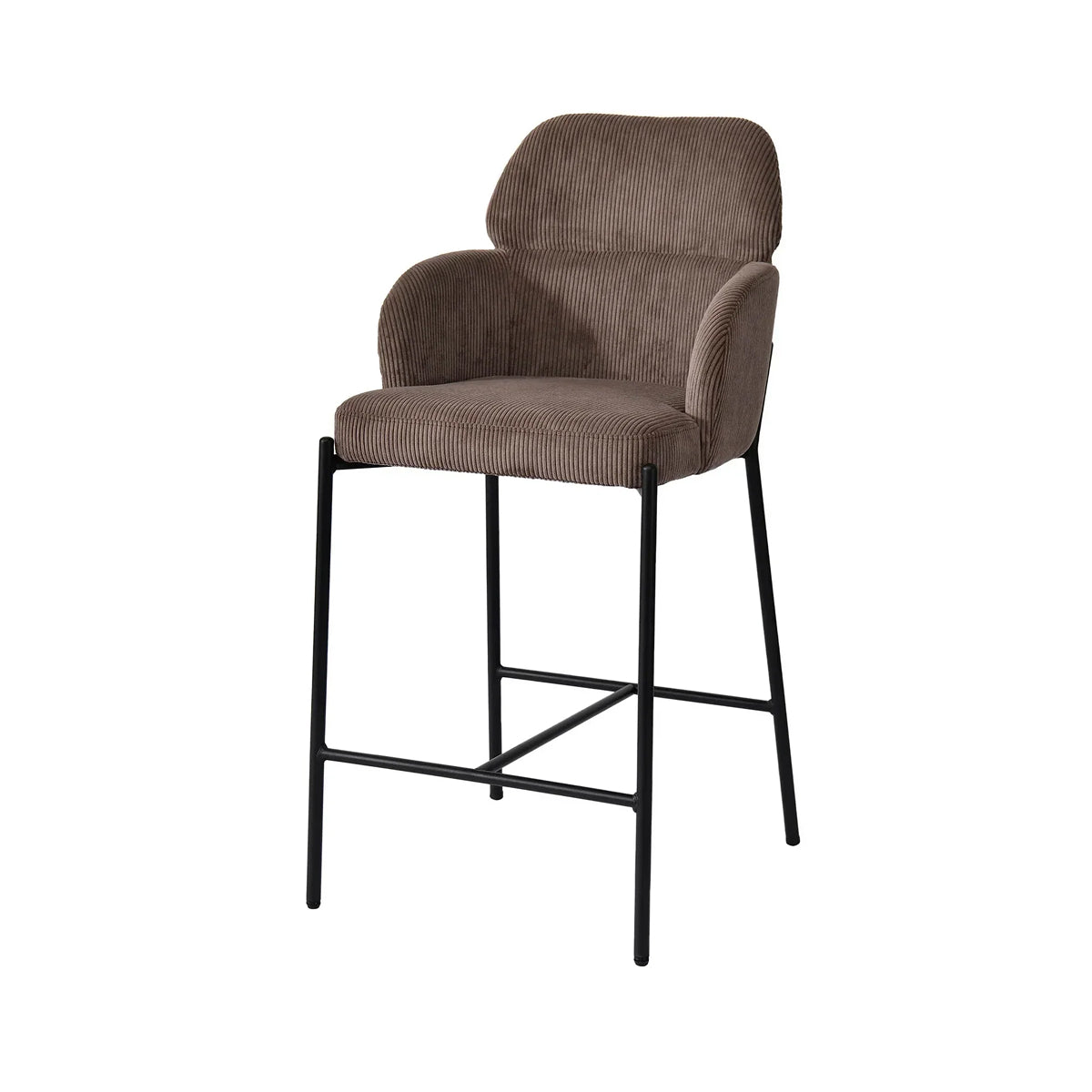 A modern bar stool with a corduroy brown upholstered seat and curved backrest, supported by a slim black metal frame with a footrest.