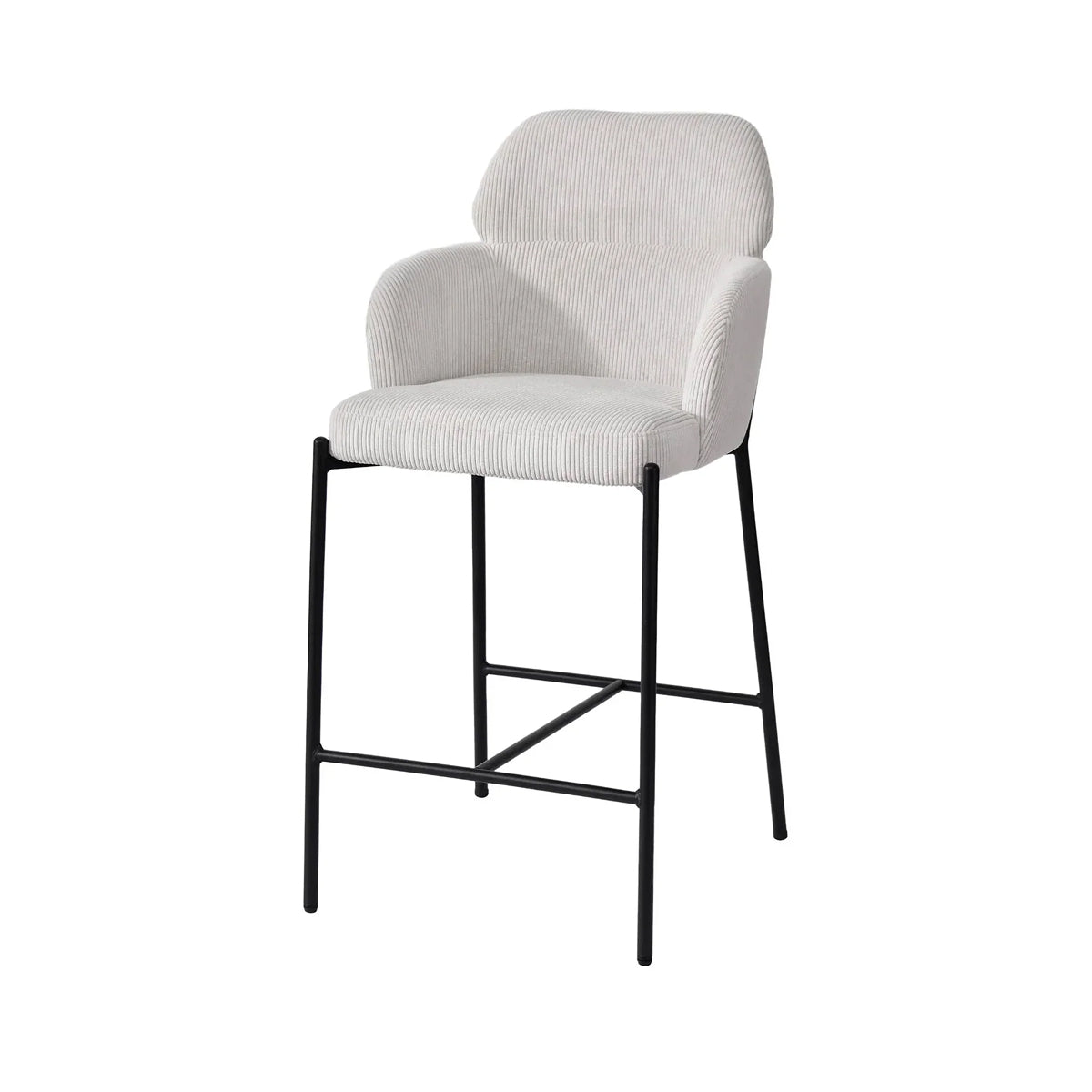 A modern bar stool with a corduroy brown upholstered seat and curved backrest, supported by a slim black metal frame with a footrest.