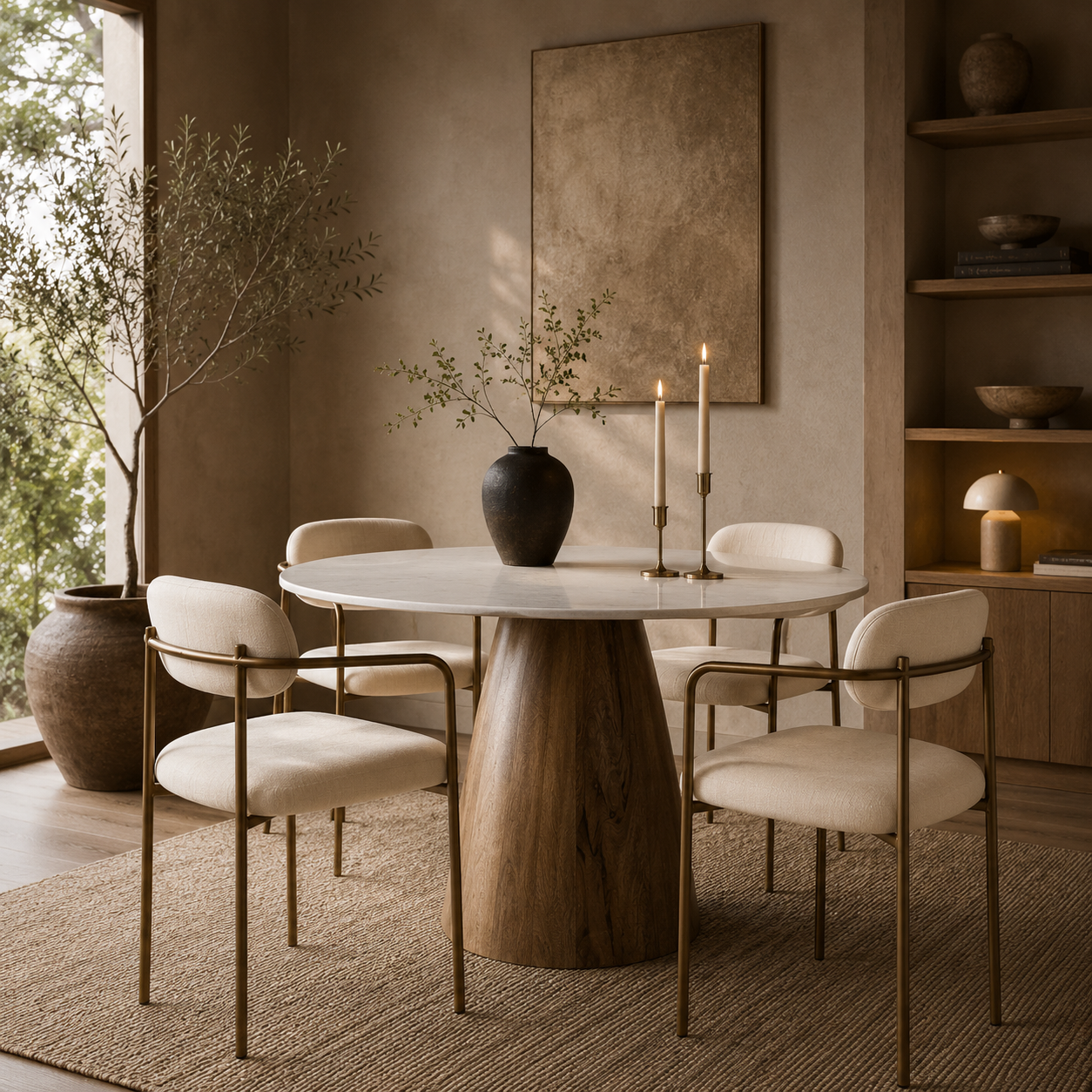 Front view of the Allyson round dining table featuring a white marble top and a solid mango wood tapered pedestal base