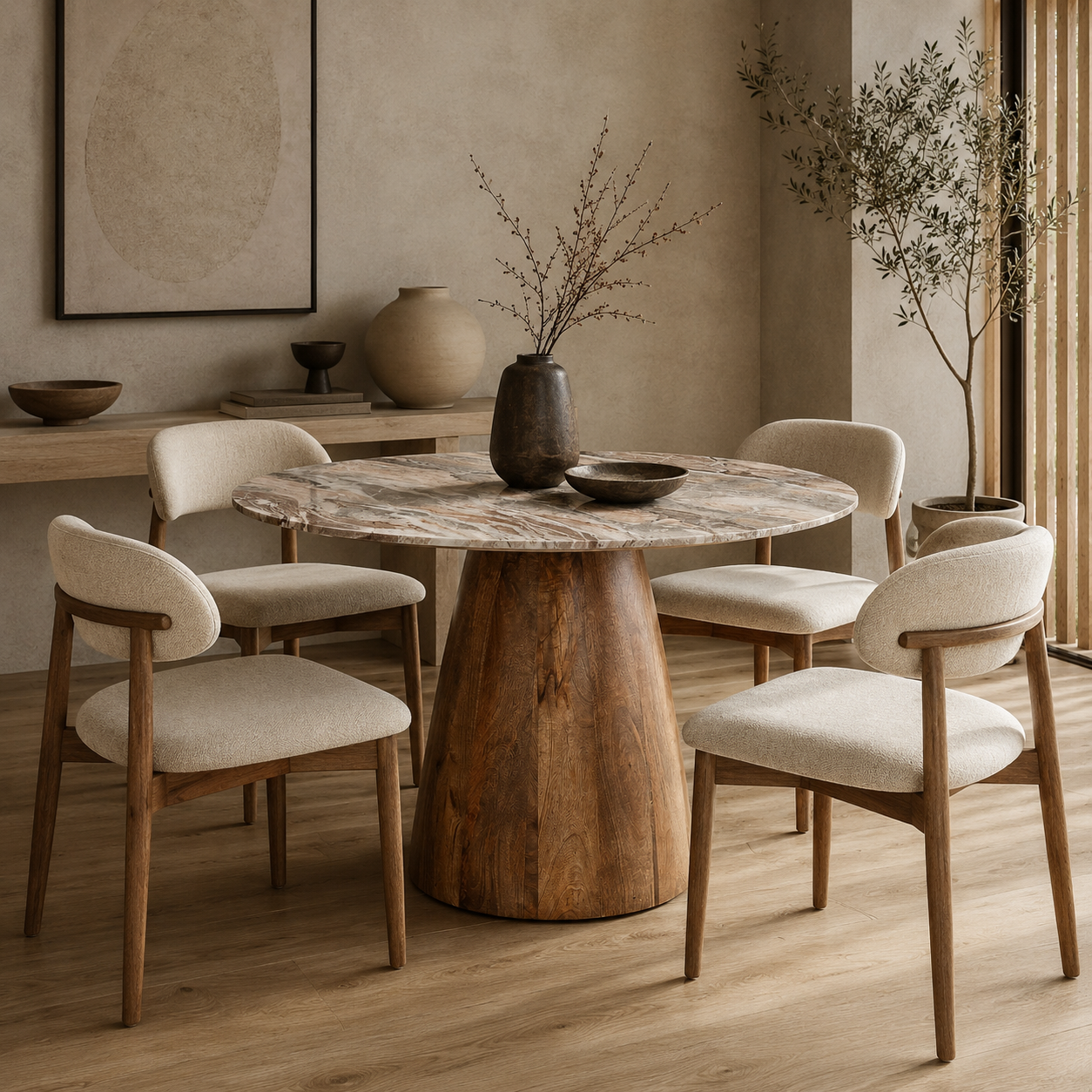 Front view of the Allyson round dining table featuring a white marble top and a solid mango wood tapered pedestal base