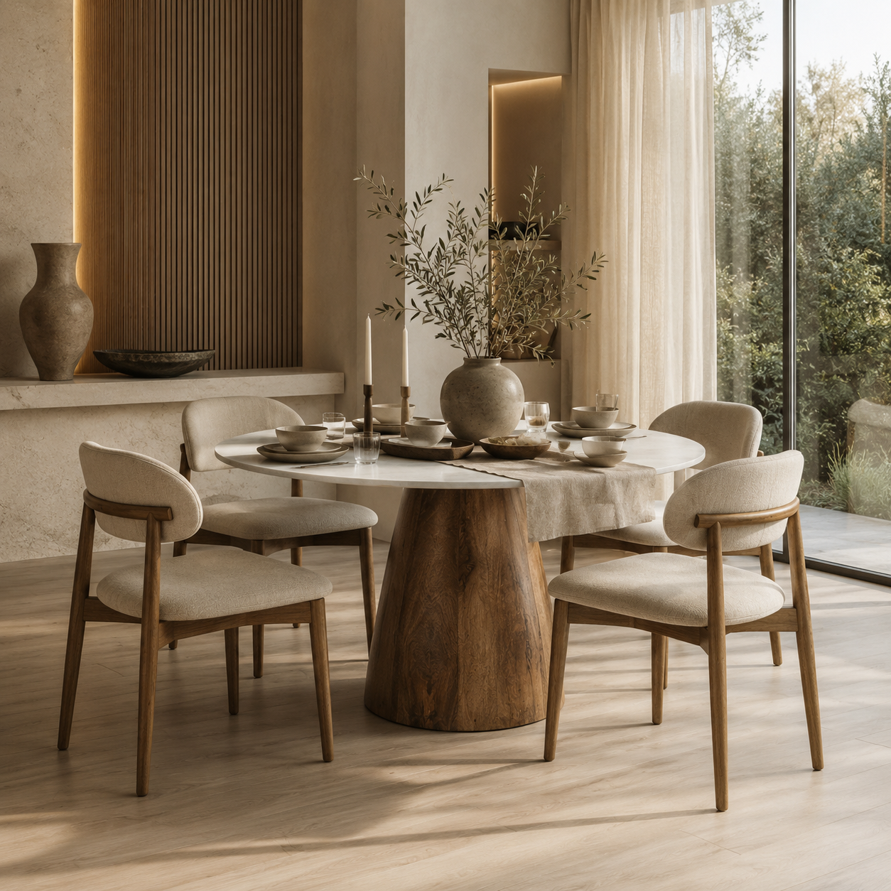 Front view of the Allyson round dining table featuring a white marble top and a solid mango wood tapered pedestal base