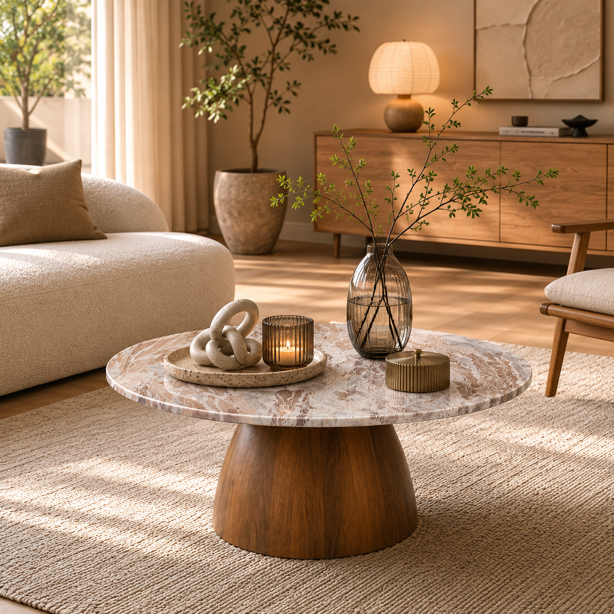 Allyson Round Brown Pedestal w/Savar Pink Marble Top Coffee Table