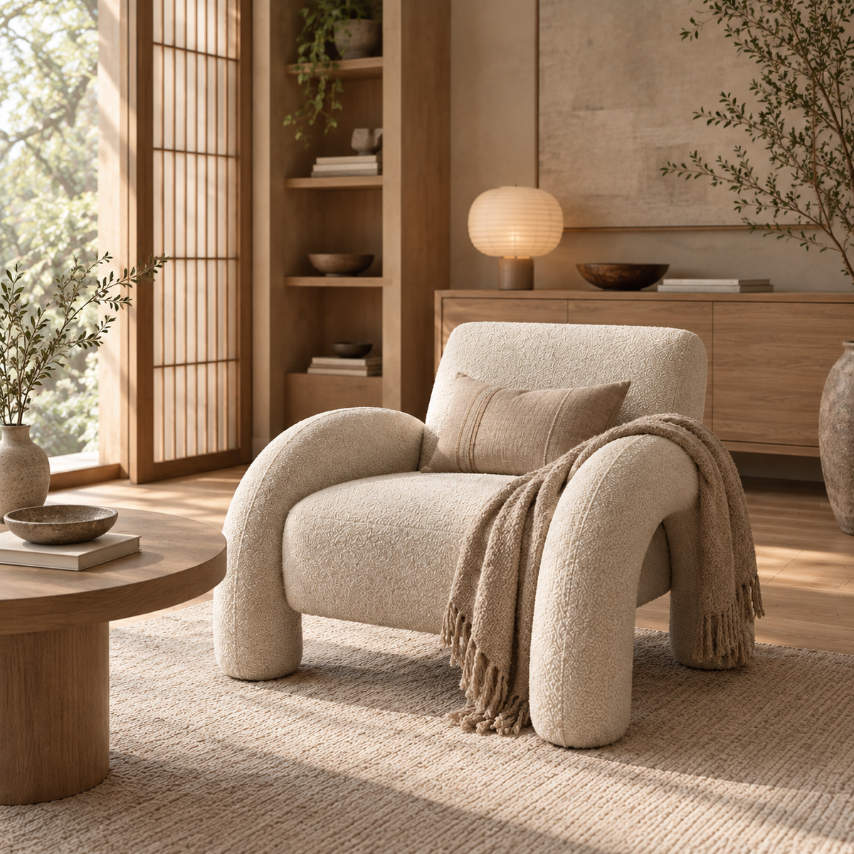 Front view of the Alva Accent Chair in cream bouclé with distinctive oversized tubular legs and a sculptural silhouette