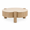 A round coffee table made of mango wood with a stone top, featuring three support legs.