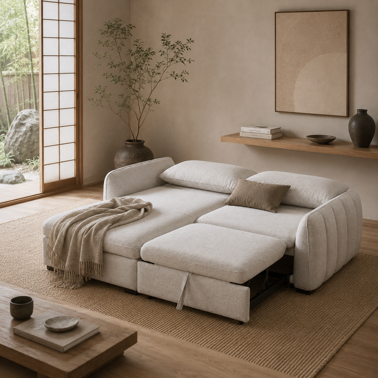 Front view of the Amira Pullout Sleeper Sectional in light grey textured fabric with a right-facing chaise.