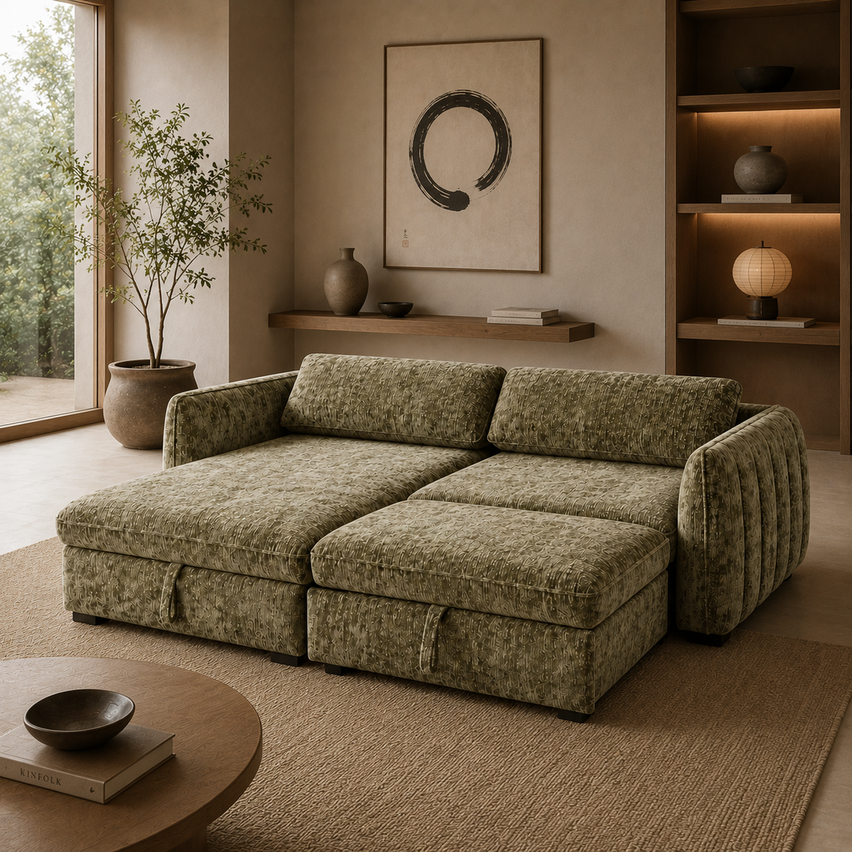 Front view of the Amira Pullout Sleeper Sectional in light grey textured fabric with a right-facing chaise.