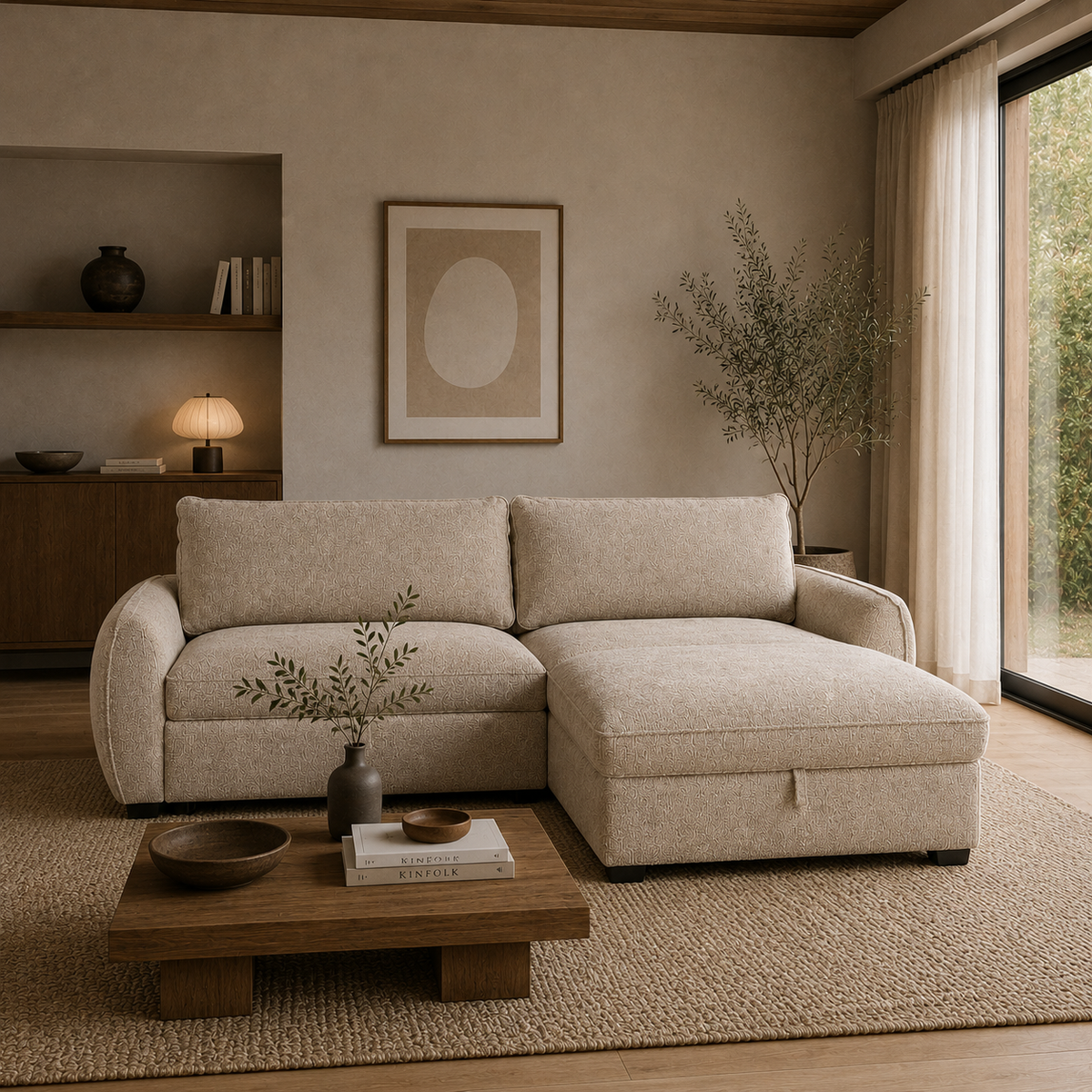 Front view of the Amira Pullout Sleeper Sectional in light grey textured fabric with a right-facing chaise.