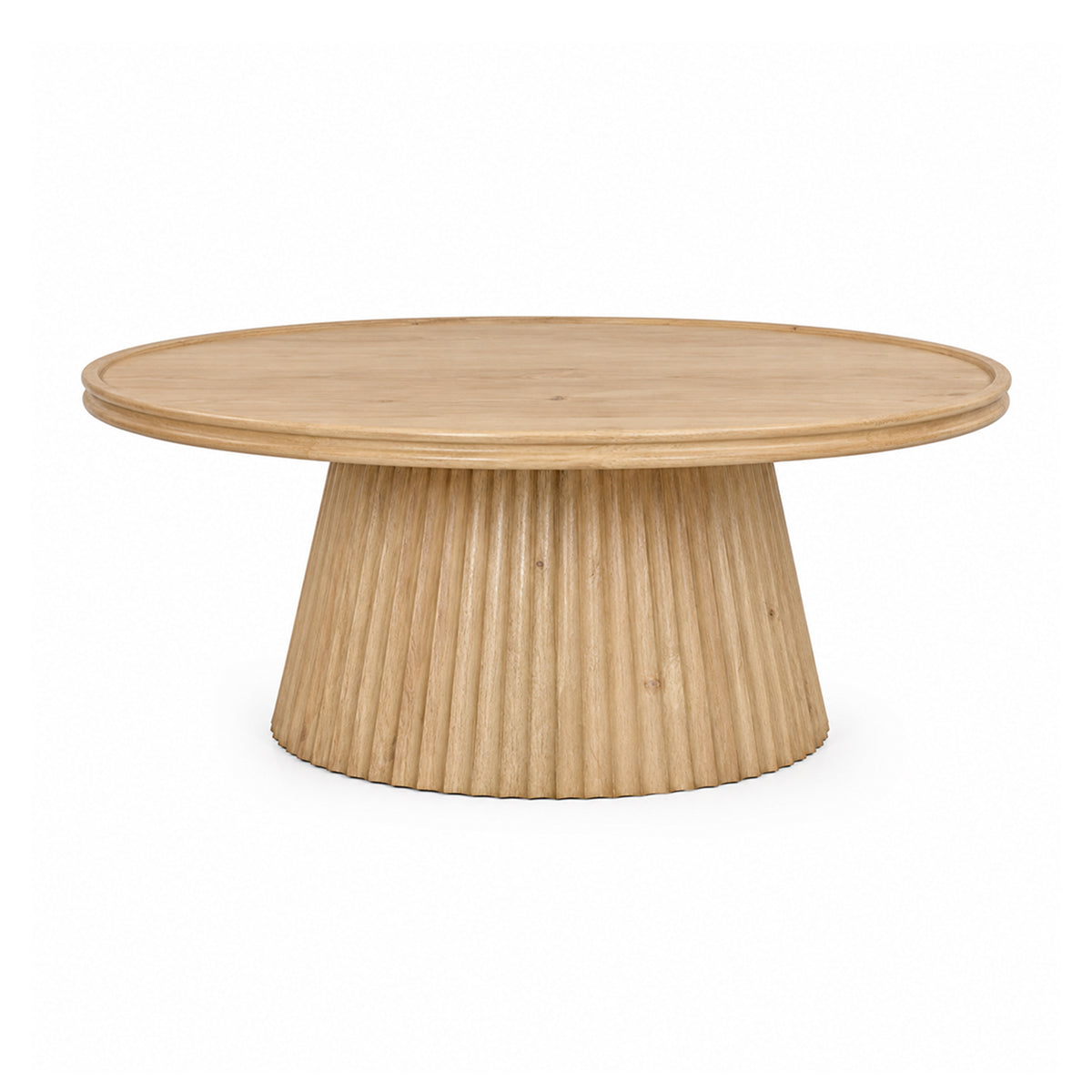 Solid round mango wood table with a ribbed base on a white background